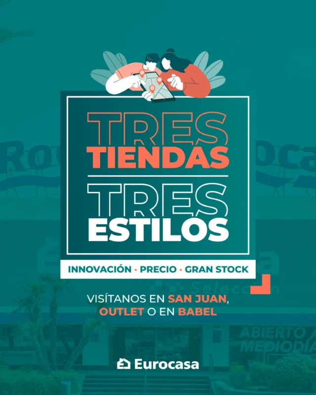 Tres tiendas. ¡Tres estilos! 💫

En Eurocasa contamos con tres tiendas. Aunque cada una tiene su propia personalidad, todas comparten un sello único: calidad y asesoramiento excepcionales.

🤲 ¿Instalador? ¿Manitas? ¿Planeando la reforma de tus sueños?
¡Visítanos! 📍

Eurocasa Babel: Avda. Neptuno, 5, 03007 Alicante.

Eurocasa Selección: Avda. Miguel Hernández, 62, 03550 San Juan de Alicante.

Eurocasa Outlet: Avda. Novelda, 251, 03009 Alicante.

#Eurocasa #EurocasaBabel #EurocasaSelección #EurocasaOutlet